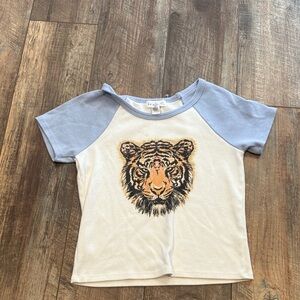 Full Tilt White Tee with Light Blue Raglan Sleeves and Tiger Graphic